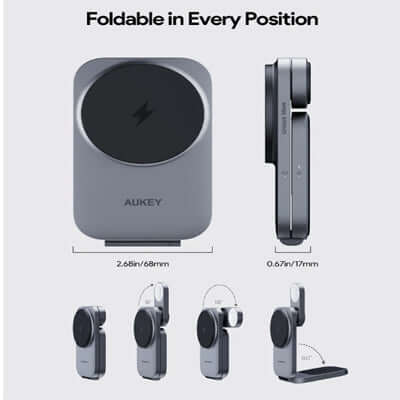 AUKEY LC-MC312 MagFusion Z Qi2 3-in-1 Foldable Magnetic Fast Wireless Charging Station in different foldable positions.