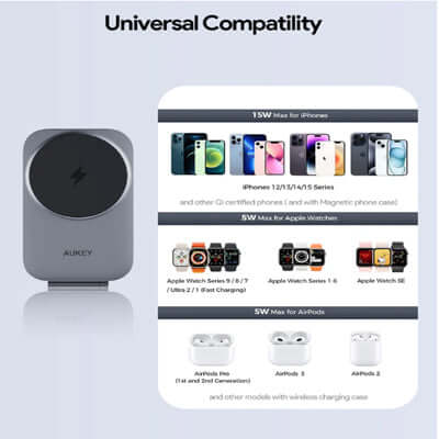 AUKEY LC-MC312 MagFusion Z Qi2 3-in-1 Foldable Magnetic Fast Wireless Charging Station Universal Compatibility