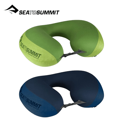 Sea To Summit Aeros Premium Pillow Traveller in green and blue colors, perfect for travel and camping.