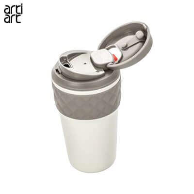 Artiart Parrot Suction Mug with an open lid, showcasing its smart grip technology and stylish design.
