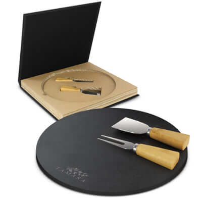 Ashford Slate Cheese Board Set with bamboo handled knife and fork in a gift box.