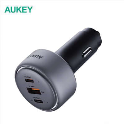 Aukey CC-P3 Pathfinder Mix 3 100W Fast Charging Car Charger with dual USB ports for rapid charging.