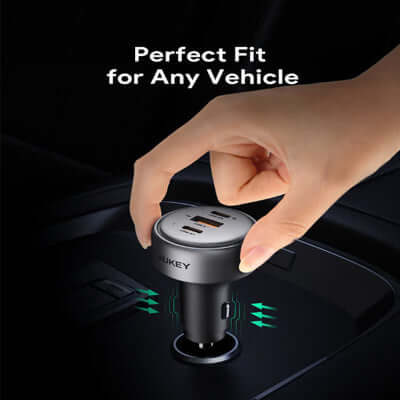 Aukey CC-P4 Pathfinder Mix 3 165W Fast Charging Car Charger easily fits in vehicle ports for convenient charging.