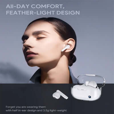 Aukey EP-M2 MoveAir True Wireless Earbuds showcased with a model, emphasizing all-day comfort and feather-light design.