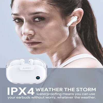 Aukey EP-M2 MoveAir True Wireless Earbuds with IPX4 waterproofing, perfect for any weather conditions.