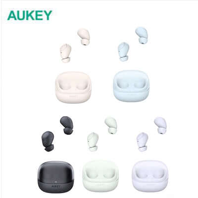 Aukey EP-M3A True Wireless Earbuds in various colors with charging cases, perfect for a corporate gift.