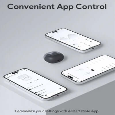 Aukey EP-M3A True Wireless Earbuds with smartphones showing AUKEY Mate App for convenient control.