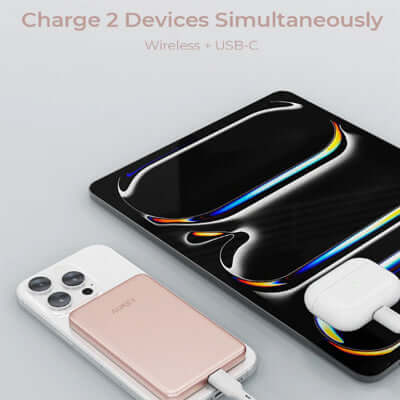 Aukey PB-MS07 MagFusion M Qi2 5000mAh Magnetic Wireless Power Bank charging two devices simultaneously, wireless and USB-C.