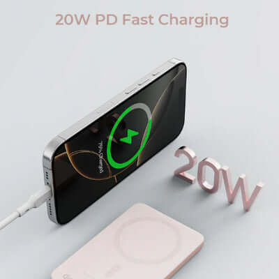 Aukey PB-MS07 MagFusion M Qi2 5000mAh Magnetic Wireless Power Bank displaying 20W PD Fast Charging.
