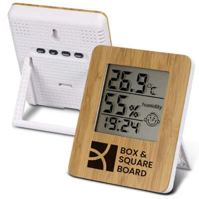Bamboo Weather Station displaying temperature and humidity, perfect as a corporate gift.