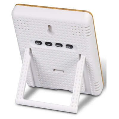 Back view of the Bamboo Weather Station showing buttons and stand for easy access and display.