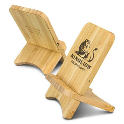 Bamboo Wireless Charging Stand featuring a logo, crafted from sustainable bamboo for eco-friendly charging.