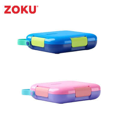Zoku Neat Bento Lunchbox in blue and pink with leak-proof lids and soft-touch handle, ideal for corporate gift.