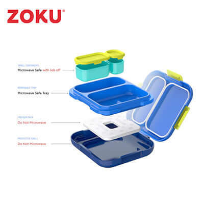 Zoku Neat Bento Lunchbox modular containers in various colors, showcasing microwave safety and leak-proof design.