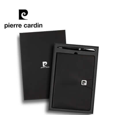 Pierre Cardin Biarritz Notebook and Pen Gift Set in elegant packaging with a branded buckle and pen.