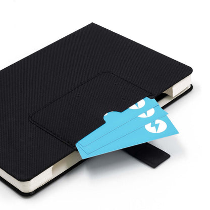 BrandCharger Noty Deluxe Eco Notebook with black cover and blue cards peeking from pocket