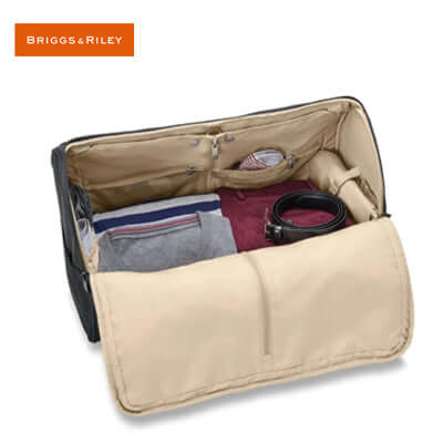 Briggs & Riley Baseline Garment Duffle interior view showing organized compartments and pockets for accessories.