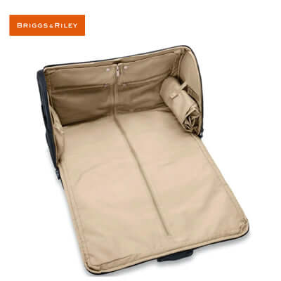 Open interior view of Briggs & Riley Baseline Garment Duffle showing spacious compartments and organizational pockets.