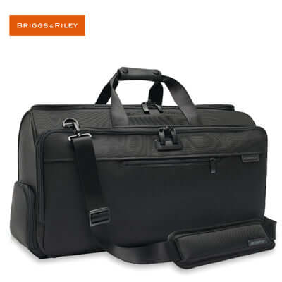 Briggs & Riley Baseline Garment Duffle black travel bag with multiple compartments and adjustable strap.
