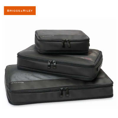 Briggs & Riley Check-In Packing Cube Set showcasing three sizes designed for organized travel and odour prevention.