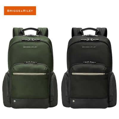 Briggs & Riley HTA Medium Cargo Backpack in green and black, stylish and functional, ideal corporate gift for modern travelers.