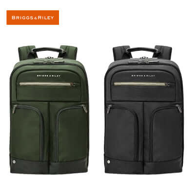 Briggs & Riley HTA Slim Expandable Backpack in green and black, perfect for corporate gift and professional use.