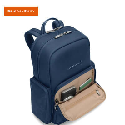 Briggs & Riley Rhapsody Medium Backpack in blue with front pocket for tech devices.