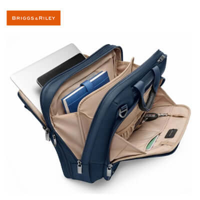 Briggs & Riley @Work Medium Expandable Brief showing the interior compartments and laptop sleeve, perfect for corporate gift.