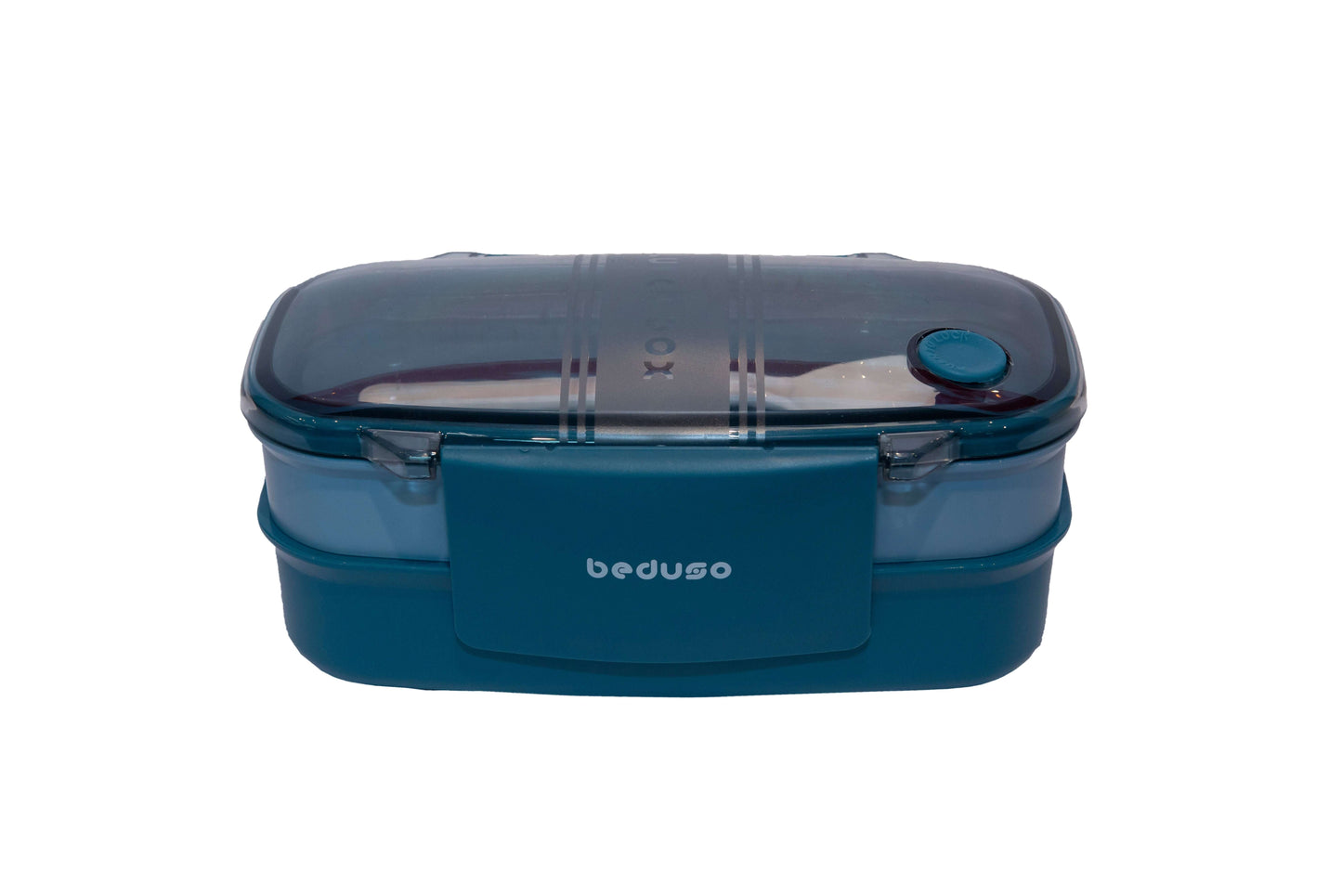 Two Tier Lunch Box in blue color with transparent lid and secure latch for meals on the go.