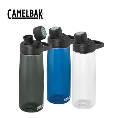 Camelbak Chute Mag Bottle 750ml in three colors: green, blue, and clear, perfect for hydration on the go.