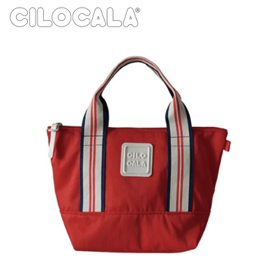 Cilocala Flt Tote Small in vibrant red with blue and white striped handles, perfect for daily use and corporate gifts.