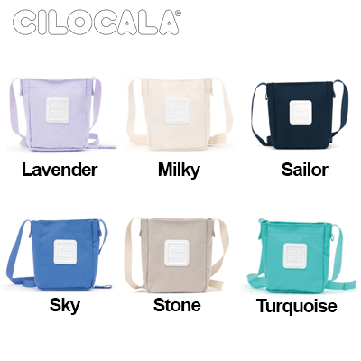 Cilocala Regular Nove Shoulder Bag in Lavender, Milky, Sailor, Sky, Stone, and Turquoise colors backdrop.