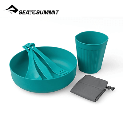 Sea To Summit Deltalight Solo Set includes a bowl, cutlery, and mug, perfect for outdoor meals and camping adventures.