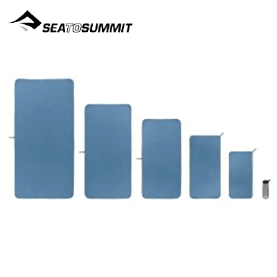 Sea To Summit Drylite Towel X-Small in various sizes, showcasing its compact and fast-drying design, perfect for travel.