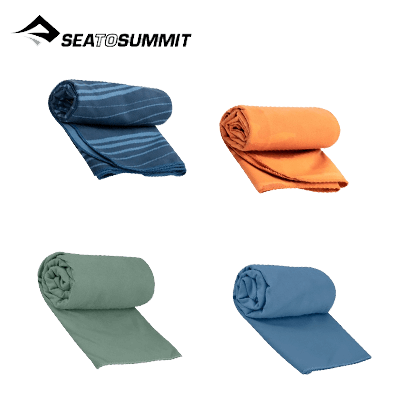 Sea To Summit Drylite Towel Medium in various colors, showcasing its compact, fast-drying microfiber design.