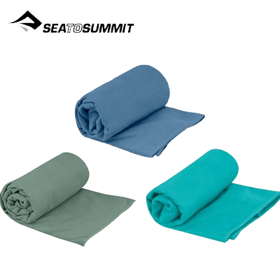 Sea To Summit Drylite Towel Small in green, blue, and teal colors, perfect for travel and outdoor adventures.