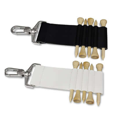 Fairway Golf Tee Holder featuring black and white styles with bamboo tees, perfect for convenience on the golf course.