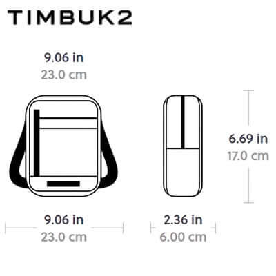Dimensions of Timbuk2 Flight Crossbody Satchel showing width, height, and depth in inches and centimeters.