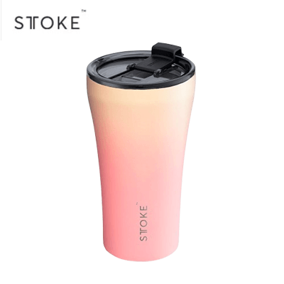 STTOKE 12oz Flow Leakproof Ceramic Insulated Cup in pink gradient color with lid.