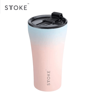 STTOKE 16oz Flow Leakproof Ceramic Insulated Cup in gradient pink and blue design with lid