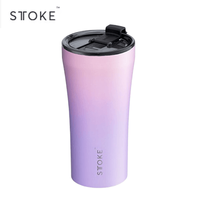 STTOKE 16oz Flow Leakproof Ceramic Insulated Cup in gradient colors with secure lid for hot and cold beverages.