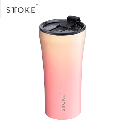 STTOKE 16oz Flow Leakproof Ceramic Insulated Cup in gradient pink design for hot and cold beverages.