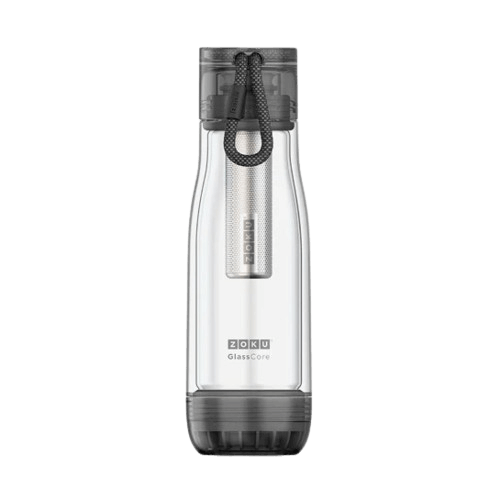Zoku Glass Core Bottle & Tea Infuser with stainless steel tea infuser, ideal for loose leaf tea enthusiasts.