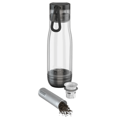 Zoku Glass Core Bottle & Tea Infuser with stainless steel infuser for loose leaf tea on the go, ideal corporate gift.