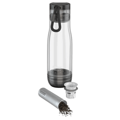 Zoku Glass Core Bottle & Tea Infuser with stainless steel infuser for loose leaf tea on the go, ideal corporate gift.