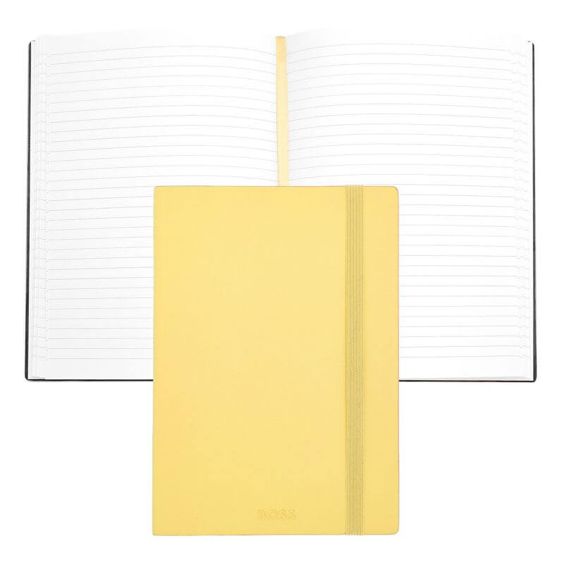 Hugo Boss A5 Classic Notebook open with ruled pages and a bright yellow cover, perfect for corporate gifts.