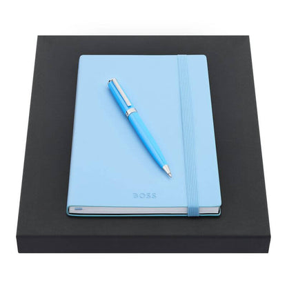 Hugo Boss Notebook and Pen Set displayed on a sleek black box, perfect for corporate gift giving.