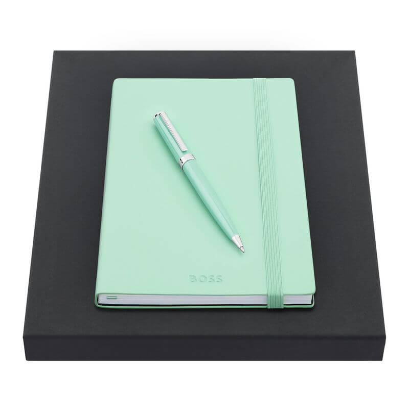 Hugo Boss Notebook and Pen Set elegantly displayed on a black box, ideal for corporate gifts.