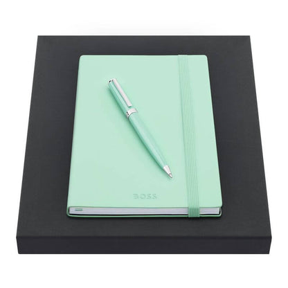 Hugo Boss Notebook and Pen Set elegantly displayed on a black box, ideal for corporate gifts.