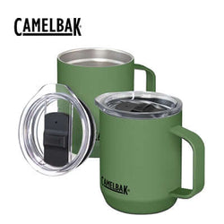 Camelbak Horizon Vacuum Camp Mug in green color with a clear lid, perfect for outdoor adventures and corporate gifts in Singapore.